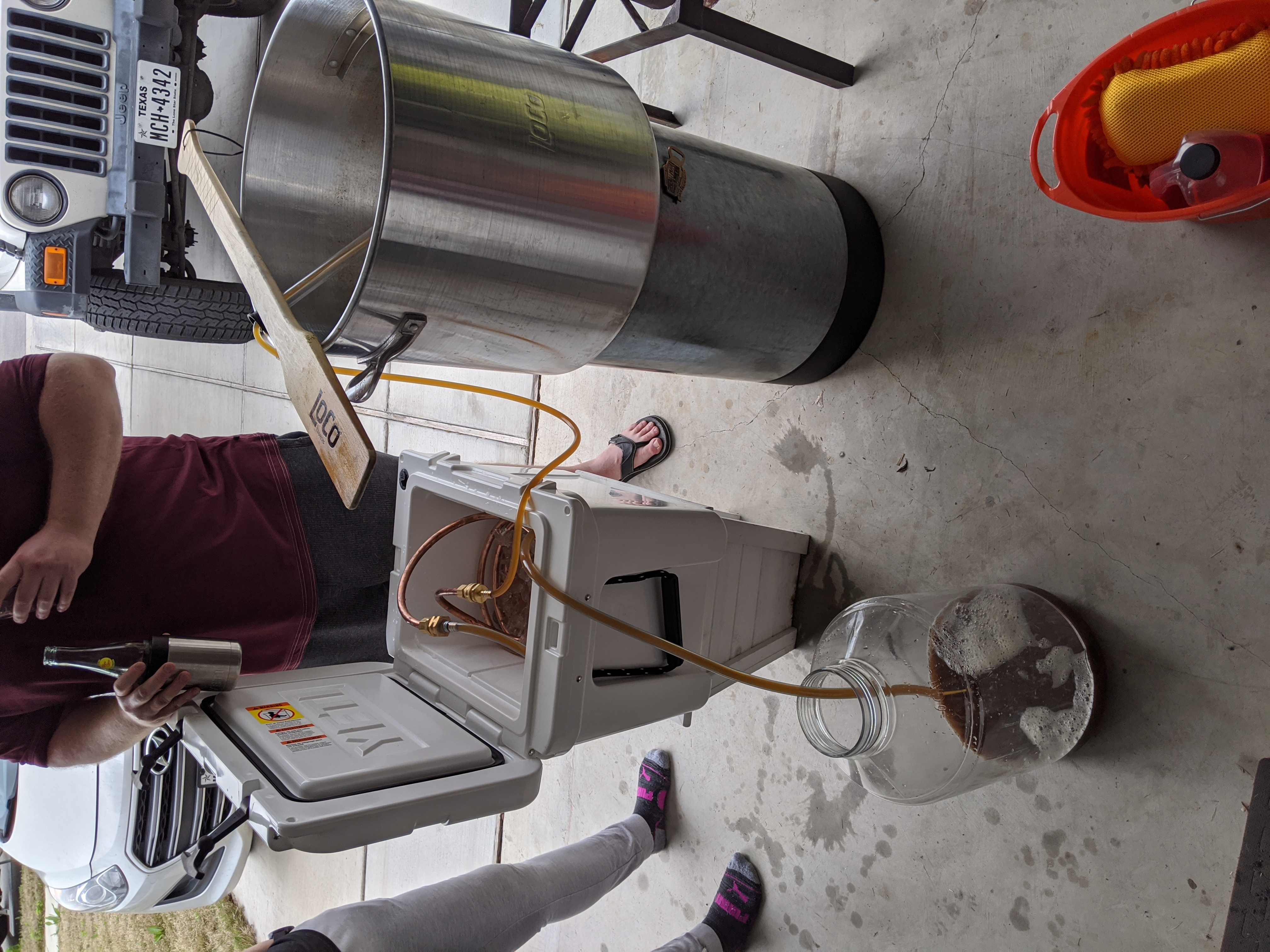Wort chilling using our fancy copper chiller coil. In my opinion, this is our best equipment purchase so far.