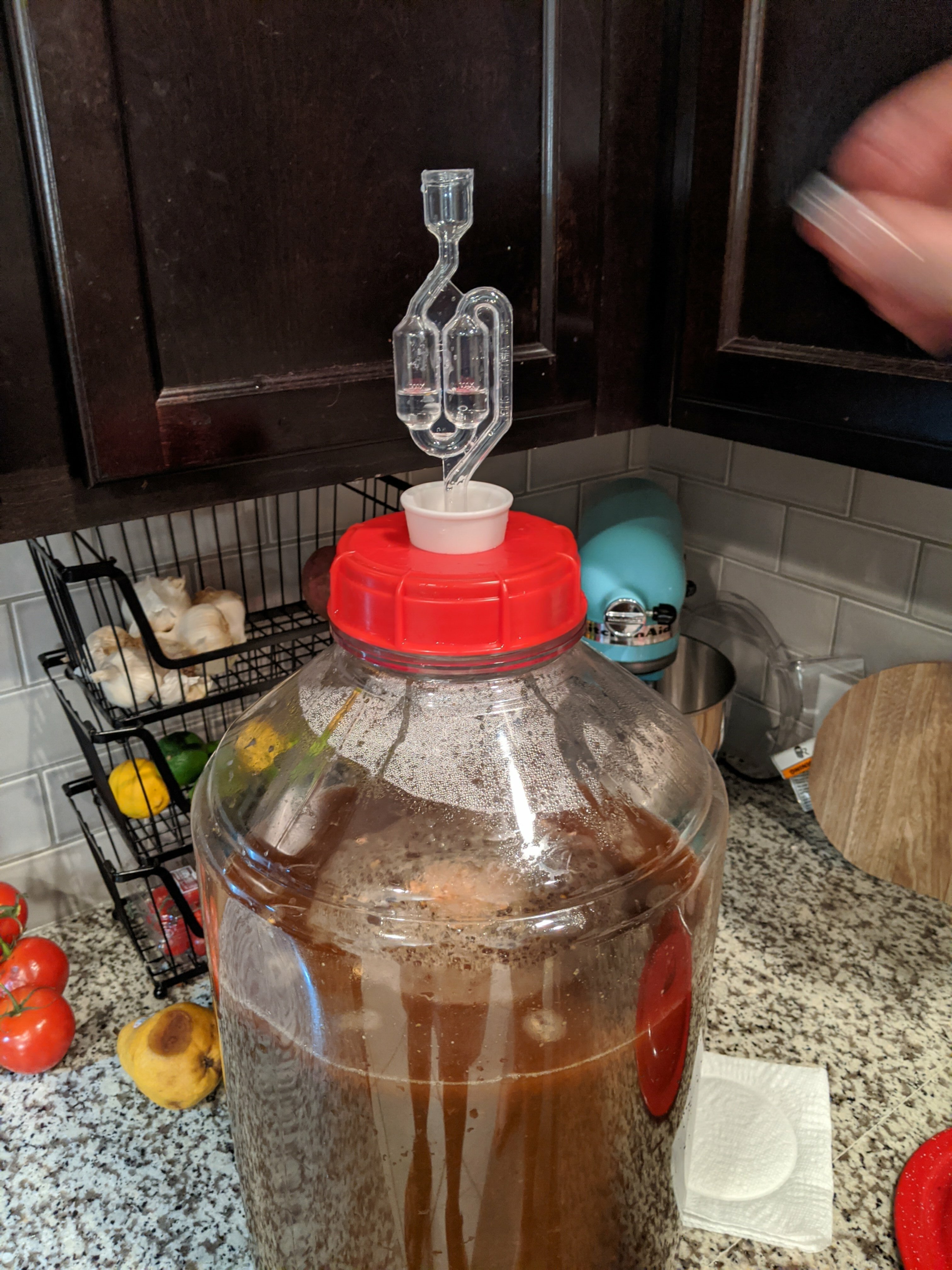 The beer right after the boil, sealed in the carboy and ready to begin fermenting. The cap has an airlock to allow gas to escape during fermentation.
