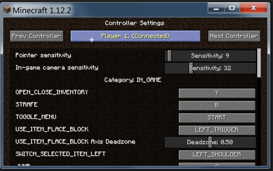 Minecraft Controller Mod Settings Page Screenshot.