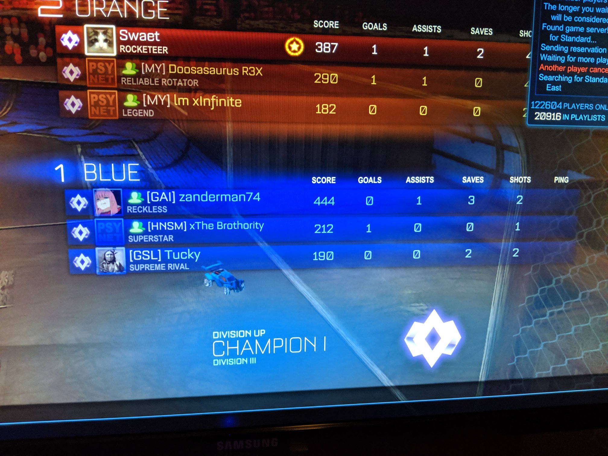 The scoreboard after the game I ranked up to Champion I Division III during Rocket League Season 10