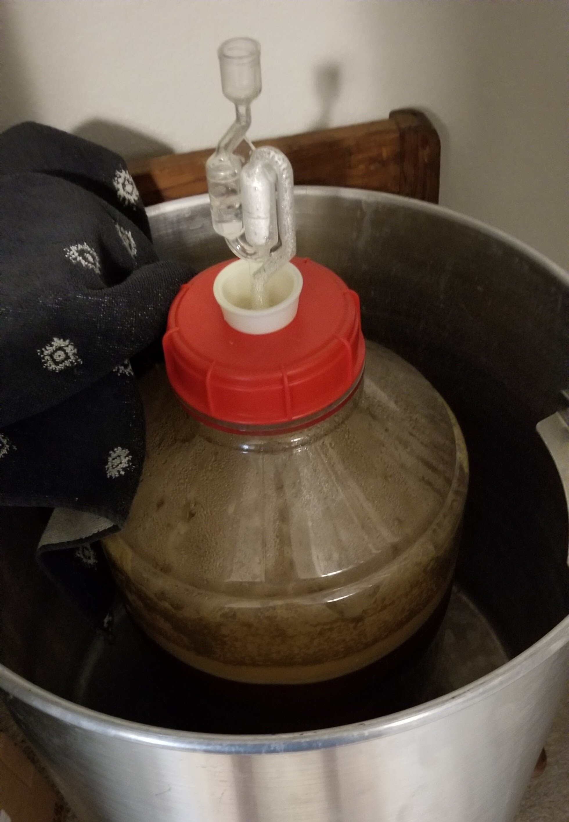 To make sure we didn't have another ferment run over, this one was done in the boil pot with a towel covering it.