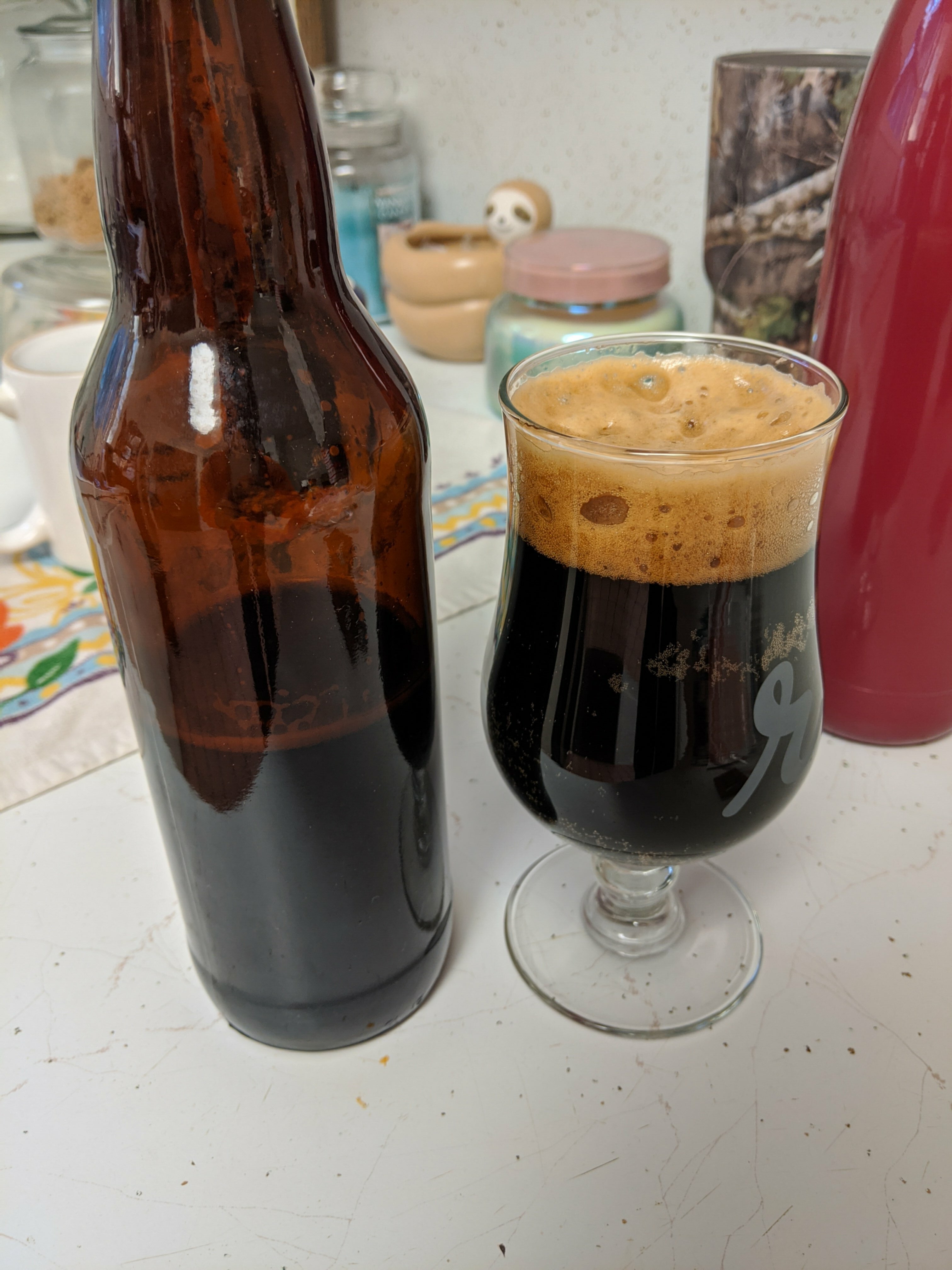 The finished beer. The head came out just right in my opinion and it poured very nicely. I should have rinsed my glassware out first though. Rookie mistake!
